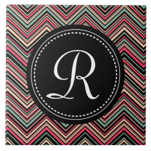 Mit Monogramm, buntes Tribal-Zickzack Muster Fliese