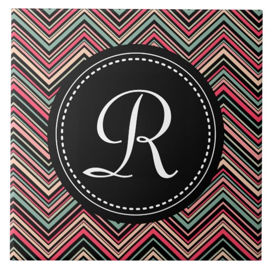 Mit Monogramm, buntes Tribal-Zickzack Muster Fliese (Vorderseite)