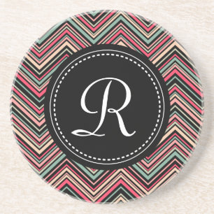 Mit Monogramm, buntes Tribal-Zickzack Muster Sandstein Untersetzer