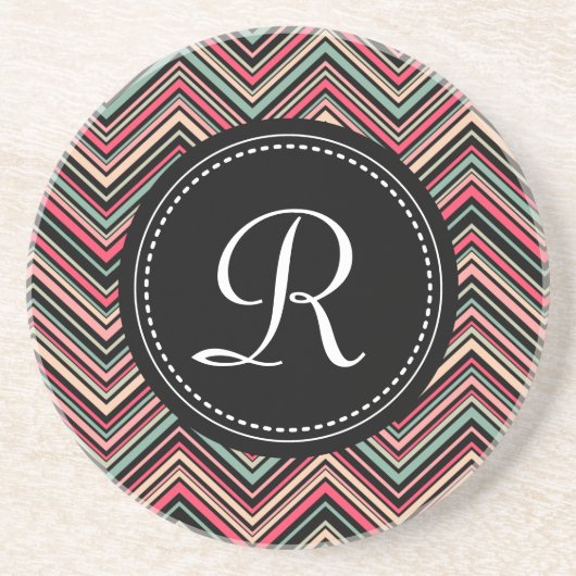Mit Monogramm, buntes Tribal-Zickzack Muster Sandstein Untersetzer (Vorne)