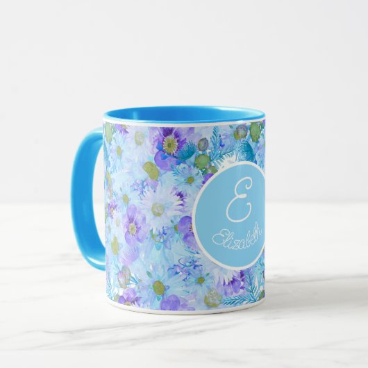 Mit Monogramm Bush-Wildblume Romantic Blue Tasse (Vorderseite Links)