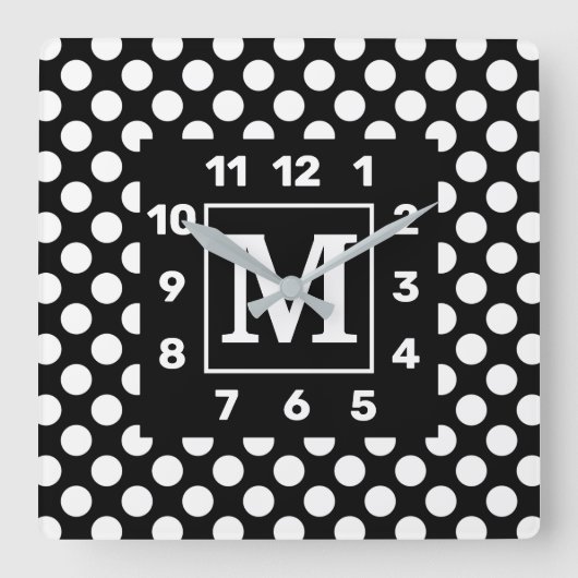 mit Monogramm BW Polka Dot Square Wall Uhr (Vorderseite)