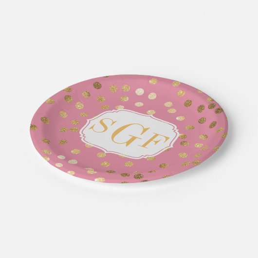 mit Monogramm Candy Pink und Gold Glitzer City Dot Pappteller (Schrägansicht)