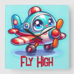 Mit Monogramm Cartoon Flugzeug blau Quadratische Wanduhr