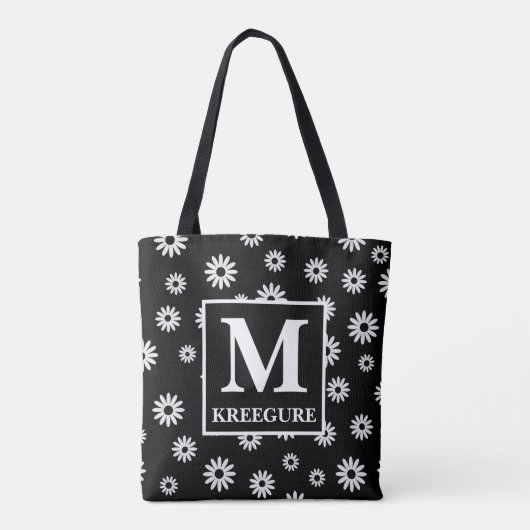 Mit Monogramm Classic Serif BW Daisies Tasche (Rückseite)