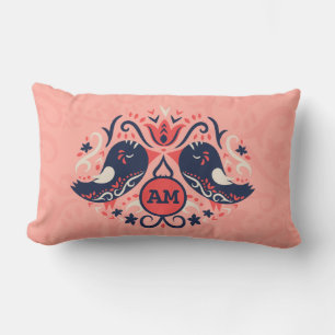 Mit Monogramm Coral Navy Blue Folk Art Birds Flora Lendenkissen