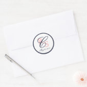 Mit Monogramm Coral Navy Blue Wedding Runder Aufkleber (Umschlag)