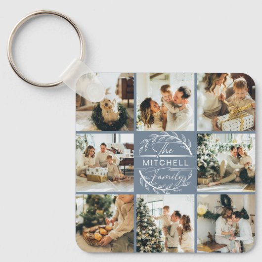 Mit Monogramm Couple-FotoCollage | Dusty Blue Gift Schlüsselanhänger (Vorderseite)