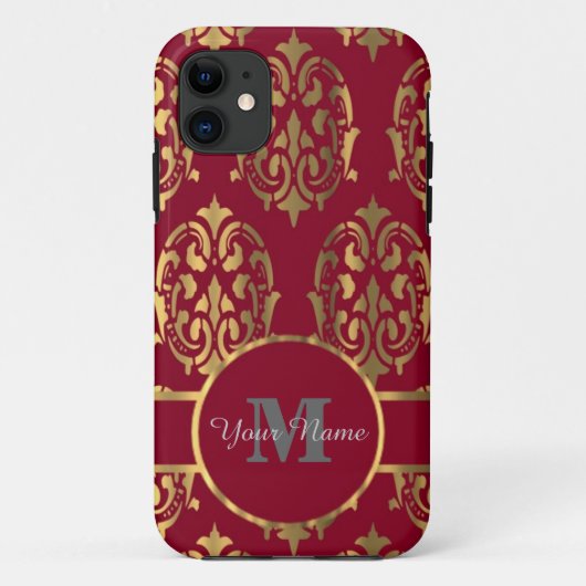 Mit Monogramm Damast aus Rot und Gold Case-Mate iPhone Hülle (Rückseite)