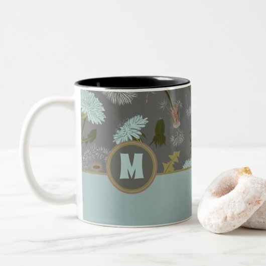 Mit Monogramm Dandelion Grau Blue Blumen Zweifarbige Tasse (Mit Donut)
