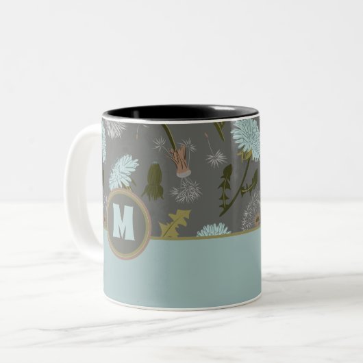 Mit Monogramm Dandelion Grau Blue Blumen Zweifarbige Tasse (Vorderseite Links)