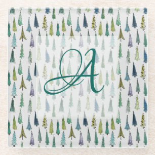 Mit Monogramm Dekor im Winterwald Pine Trees Muste Glasuntersetzer
