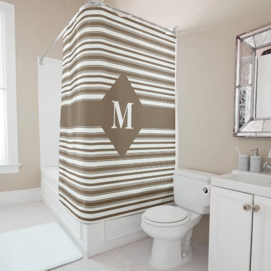Mit Monogramm dunkelbraune und weiße Streifen Duschvorhang (Beispiel)
