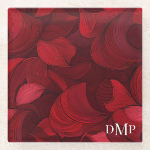 Mit Monogramm dunkelrotes Abstraktes Leaf-Muster Glasuntersetzer