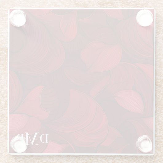 Mit Monogramm dunkelrotes Abstraktes Leaf-Muster Glasuntersetzer (Rückseite)