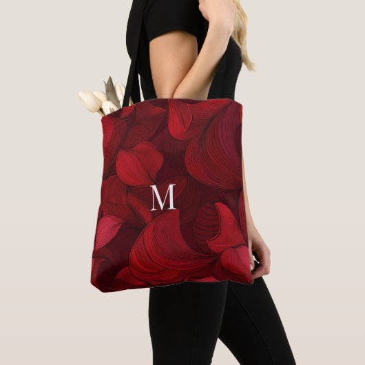 Mit Monogramm dunkelrotes Abstraktes Leaf-Muster Tasche (Von Nahem)