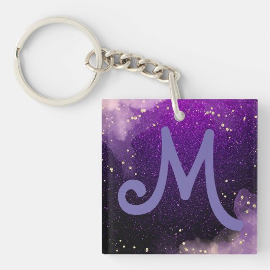mit Monogramm dunkler lila Glitzer Glitzern Schlüsselanhänger (Vorderseite)