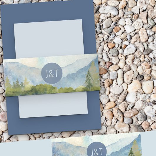 Mit Monogramm Dusty Blue Mountain Wedding Einladungsbanderole