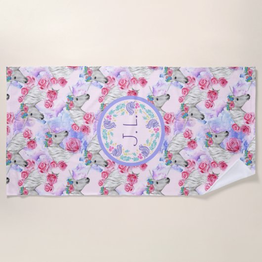 Mit Monogramm Einhörner und Rose Strandtuch (Vorderseite)
