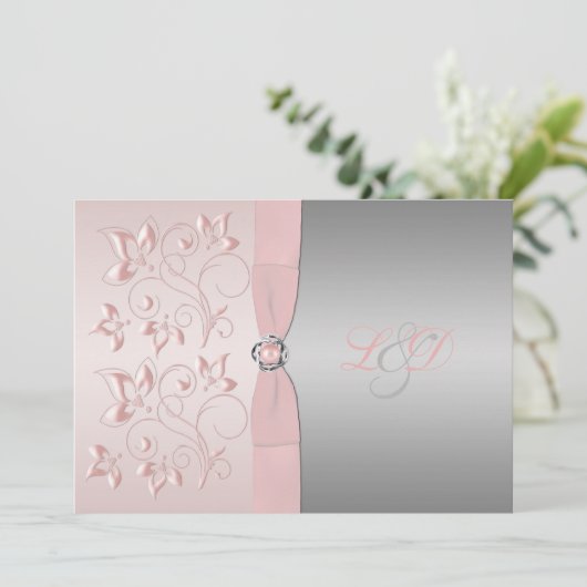 Mit Monogramm Einladung in Rosa und Silber (Stehend Vorderseite)