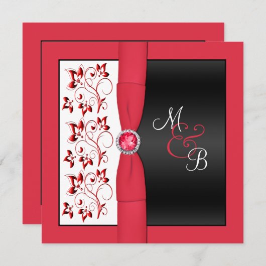 Mit Monogramm Einladung in Schwarz, Rot und Weiß (Vorne/Hinten)