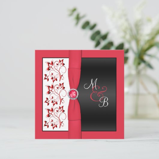 Mit Monogramm Einladung in Schwarz, Rot und Weiß (Stehend Vorderseite)