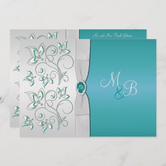 Mit Monogramm Einladung von Aqua Blue und Silver (Vorne/Hinten)