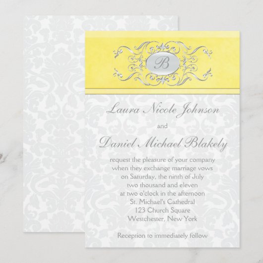 Mit Monogramm Einladung von Gelb und Grau (Vorne/Hinten)