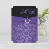 Mit Monogramm Einladung von Lila und Black Damask (Stehend Vorderseite)
