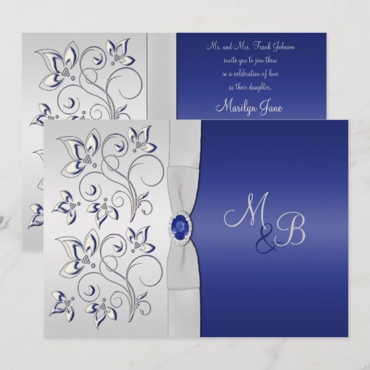 Mit Monogramm Einladung von Marine und Silver (Vorne/Hinten)