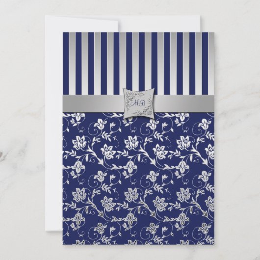 Mit Monogramm Einladung von Navy und Silver Floral (Vorderseite)