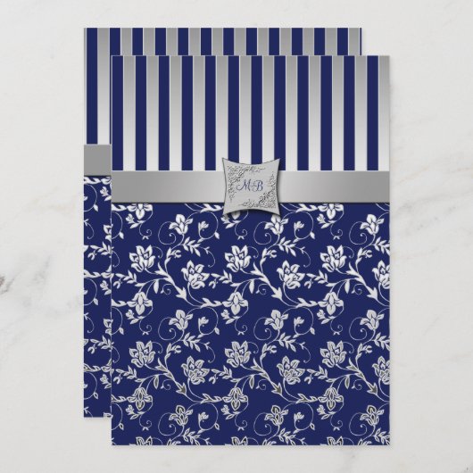 Mit Monogramm Einladung von Navy und Silver Floral (Vorne/Hinten)
