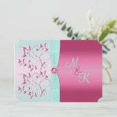 Mit Monogramm Einladung von Rosa und Aqua Floral (Stehend Vorderseite)