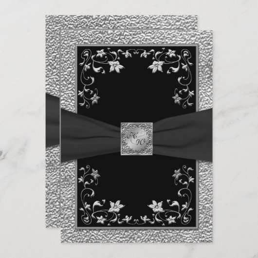 Mit Monogramm Einladung von Schwarz und Zinn (Vorne/Hinten)