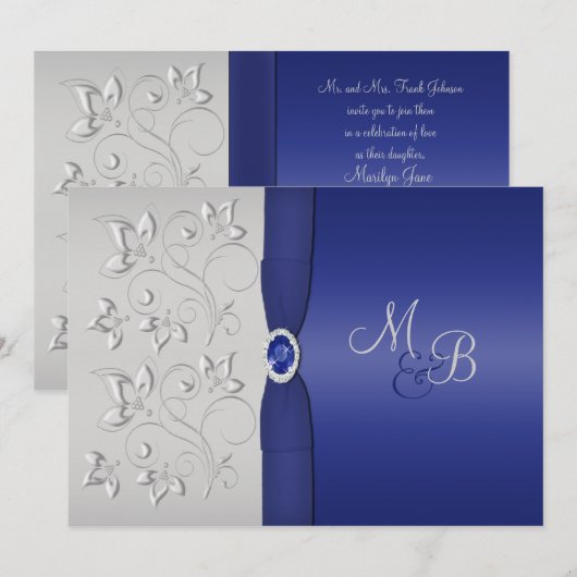 Mit Monogramm Einladung von Silber und Navy (Vorne/Hinten)