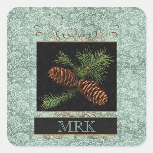 Mit Monogramm Elegance mit Pine Cones Quadratischer Aufkleber (Vorderseite)