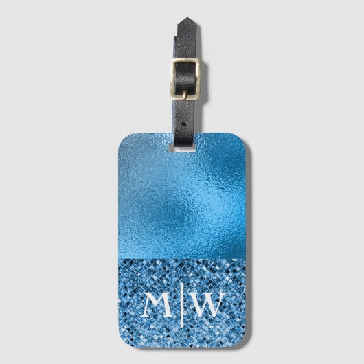 Mit Monogramm Elegant Blue Sparkle Glitzer Luxus Gepäckanhänger (Vorderseite Vertikal)