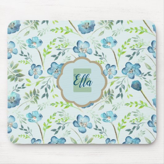 Mit Monogramm Elegant Boho Blue Watercolor Blume Mousepad (Vorne)