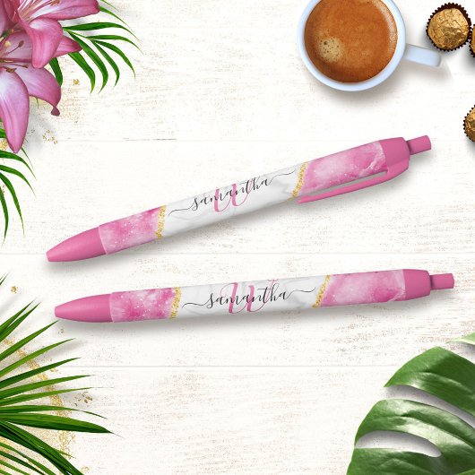Mit Monogramm Elegant Girly Glam Pink Weißer Marmo Kugelschreiber