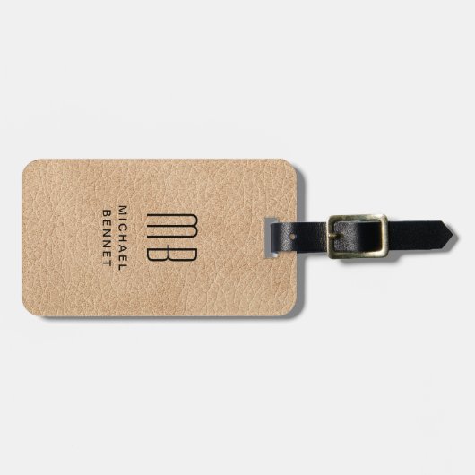 Mit Monogramm elegante Beige Imitate Leather Textu Gepäckanhänger (Vorderseite horizontal)