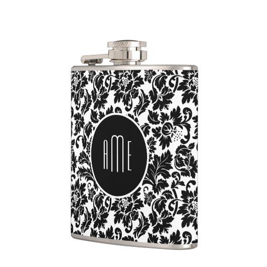 Mit Monogramm elegante schwarze Flora Damaskus Flachmann (Links)