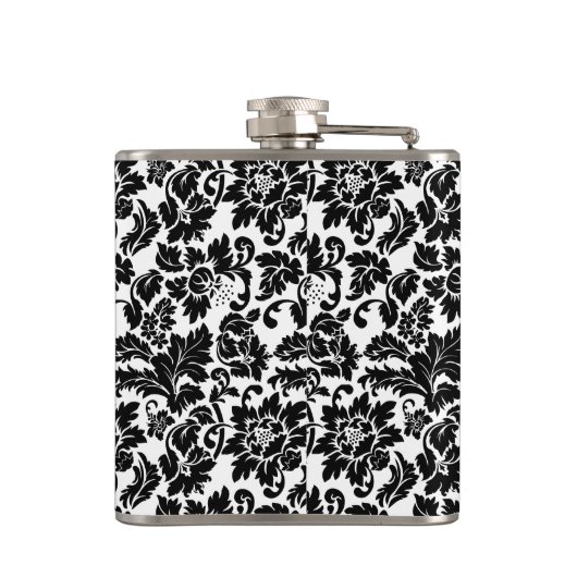 Mit Monogramm elegante schwarze Flora Damaskus Flachmann (Rückseite)