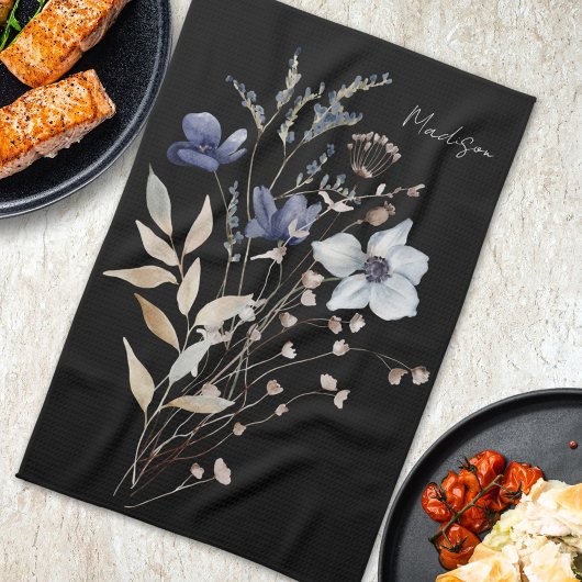 Mit Monogramm Elegante Watercolor Blaue Wildblume Geschirrtuch