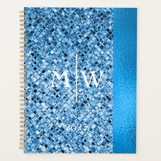 Mit Monogramm Eleganter Blue Glitzer Look Luxury Planer (Vorderseite)