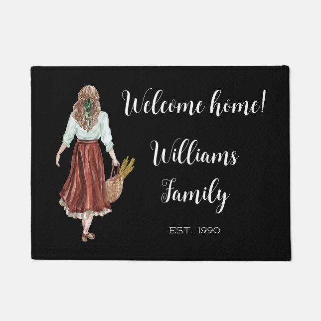 Mit Monogramm Eleganter Brief Watercolor-Frau schw Fußmatte (Vorderseite)