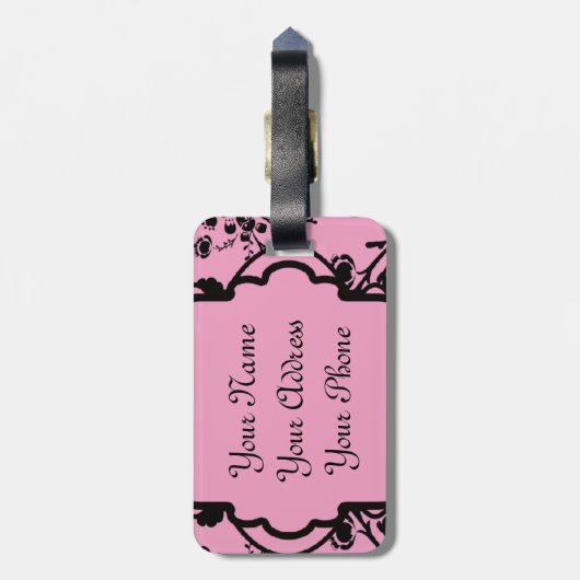 Mit Monogramm eleganter nobler rosa schwarzer Gepäckanhänger (Rückseite vertikal)