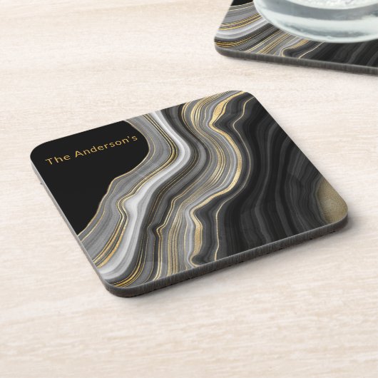 Mit Monogramm elegantes Black, Gold und Gray Agate Getränkeuntersetzer (Linke Seite)