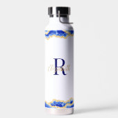 Mit Monogramm elegantes blaues Agate-Marmormuster Trinkflasche (Links)