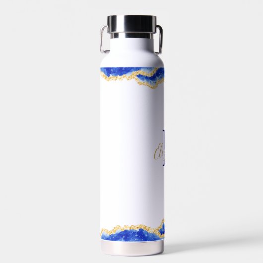Mit Monogramm elegantes blaues Agate-Marmormuster Trinkflasche (Vorne)