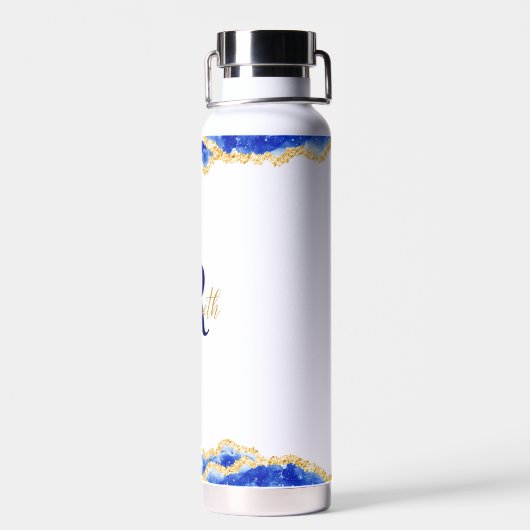 Mit Monogramm elegantes blaues Agate-Marmormuster Trinkflasche (Rückseite)